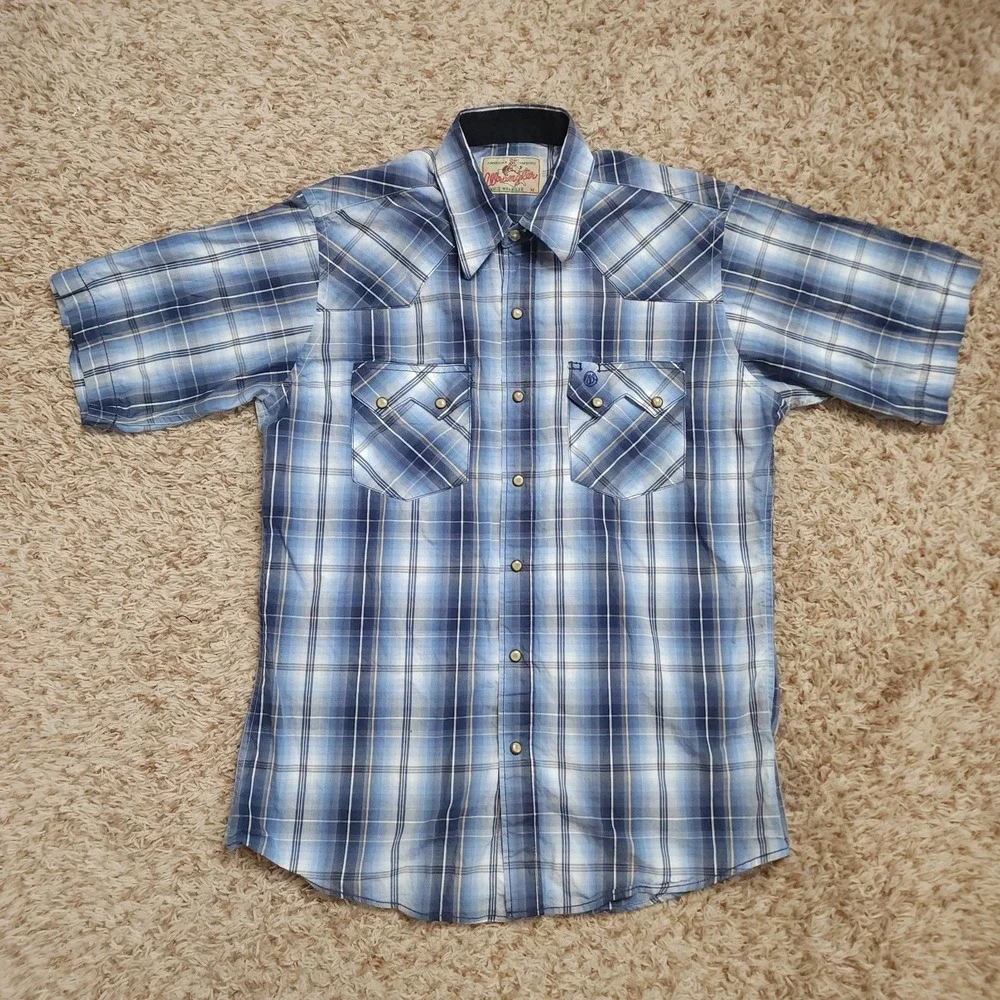 Wrangler Pearl Snap Blue Plaid American Cowboys Mens M Short Sleeve‎ Western